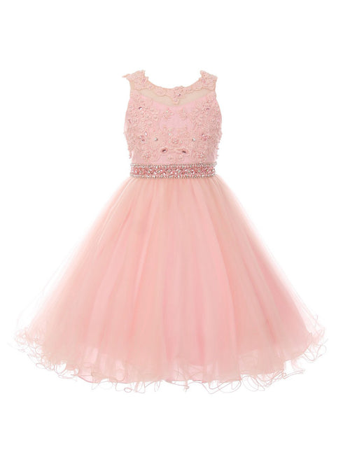 Girls Blush Rhinestone Pearl Beaded Mesh Junior Bridesmaid Dress 4-16